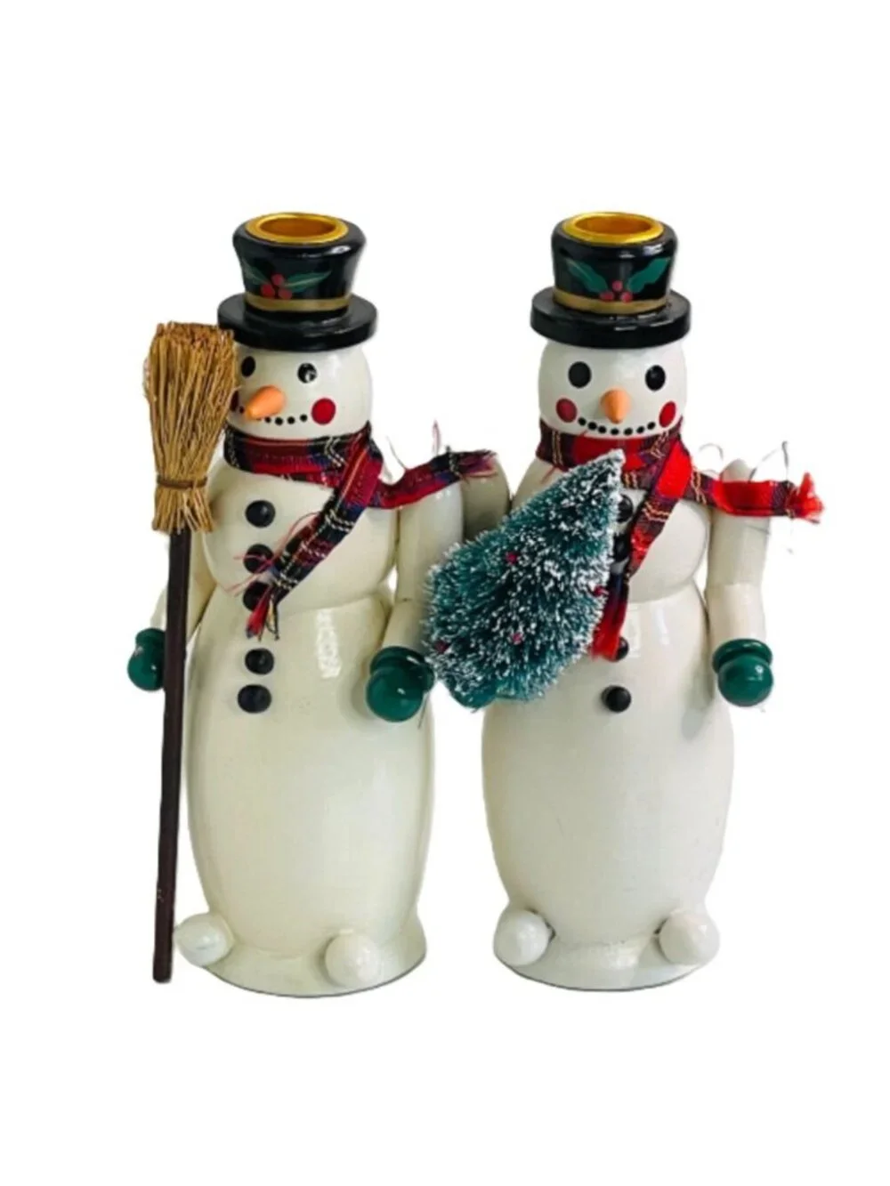 Vintage 1990s Christmas Wooden Snowman Candlestick Holder Taper 9
